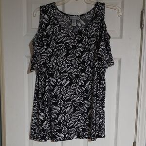 Catherines Black & White Leaf Print Blouse W/ Drop Sleeves For Exposed Shoulder